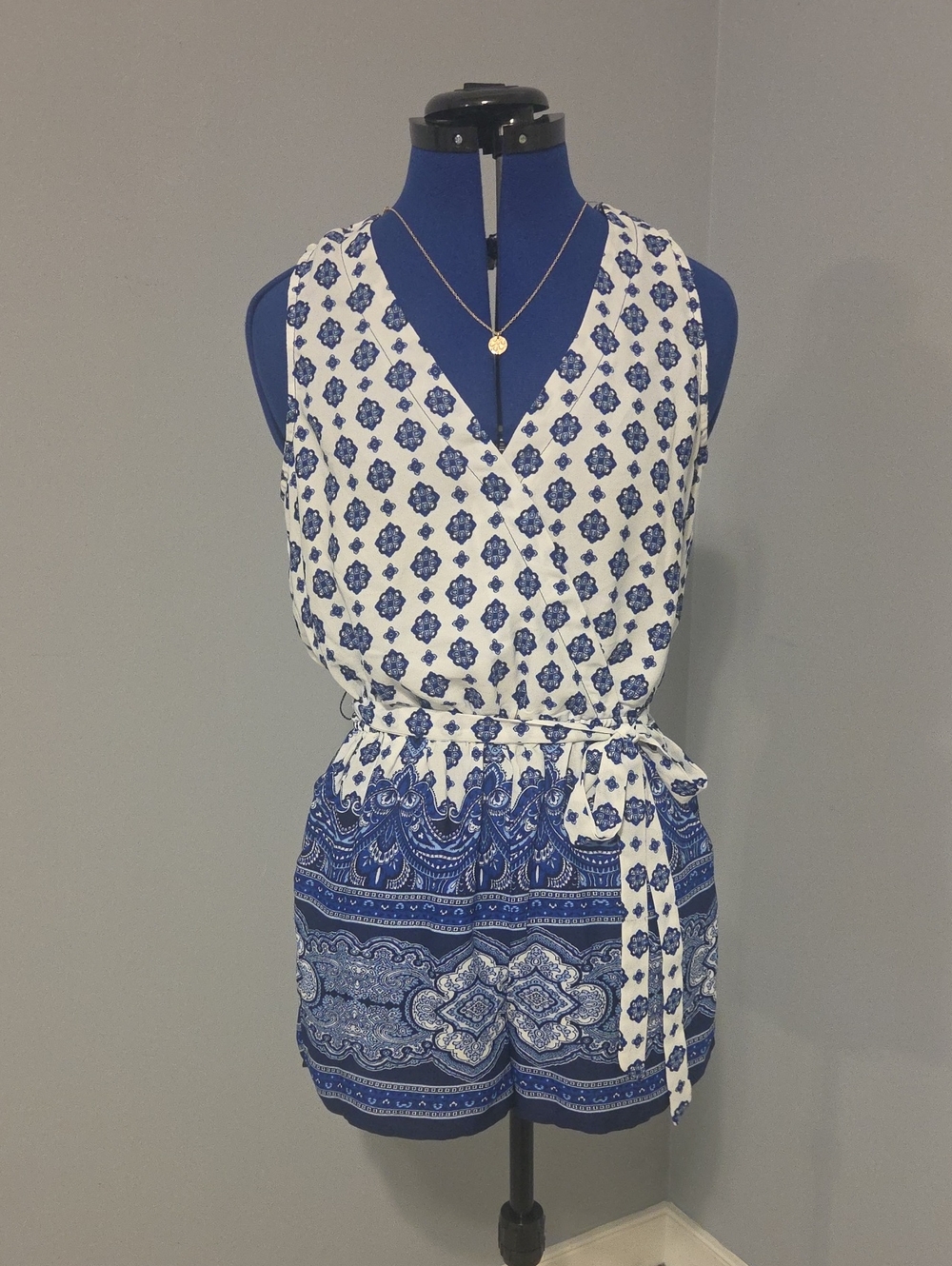 White & Blue Patterned Sleeveless Romper